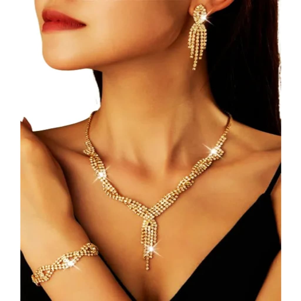 Conjunto Colar e Brinco Brilhante Dourado e Prata Luxo Cristal Para Festa