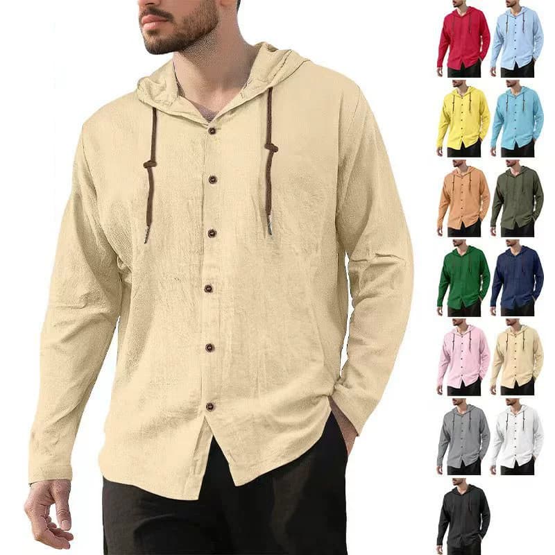 [Venda quente] Camisa masculina com capuz de manga comprida cor sólida respirável Casual esportiva solta tamanho europeu