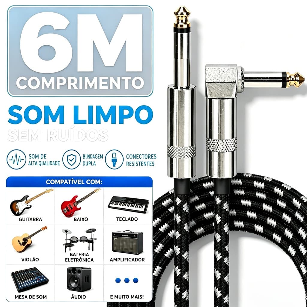 Cabo P10 3M Profissional Blindado para Guitarra Violão Baixo Teclado Bateria Eletrônica Amplificador Mesa de Som 90°