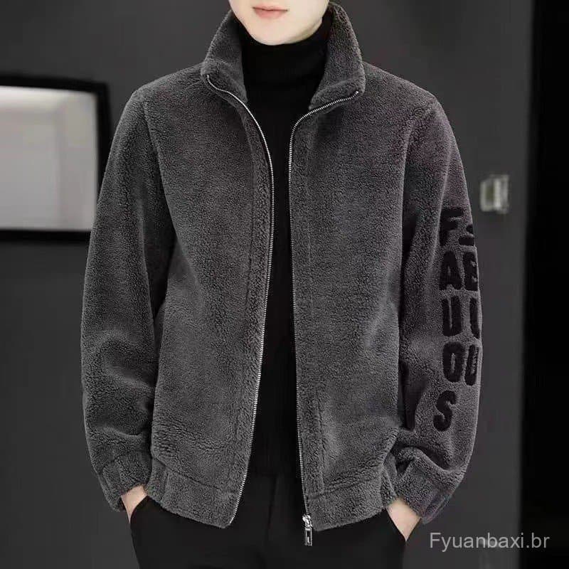 Jaqueta masculina outono inverno ovelha corte gola alta jaqueta masculina bordada um cordeiro velo jaqueta masculina.