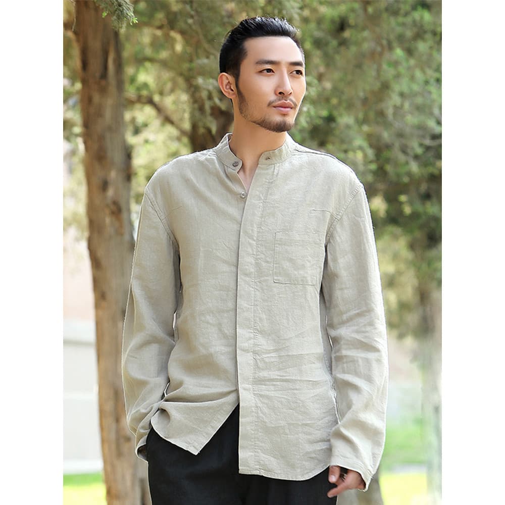 Nan estilo chinês camisa Ramie masculina de manga comprida primavera camisa de linho solta nova chinesa Casual All-Match