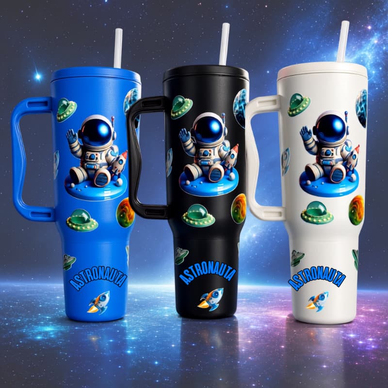 Copo com Canudo Astronauta Galaxia 1200ml Em Policarbonato + Brinde