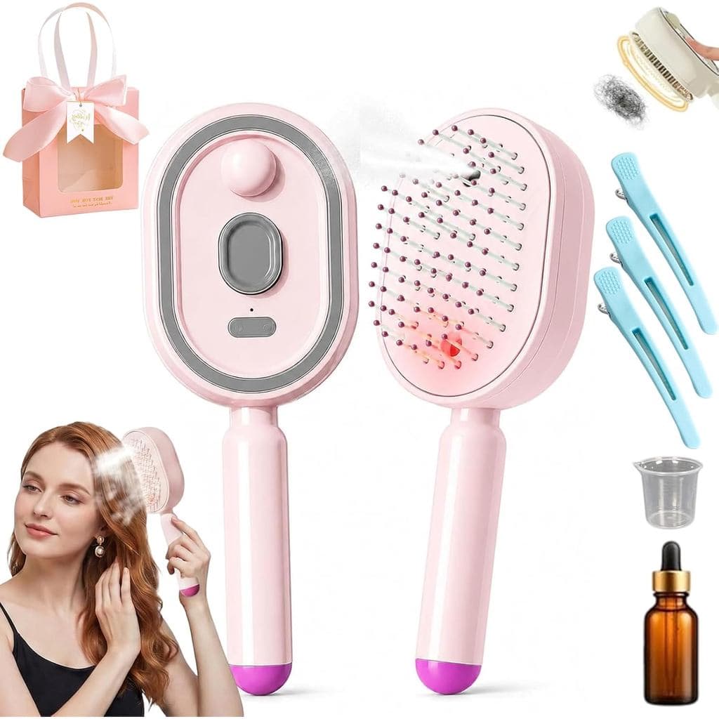 Escova de Massagem com Almofada de Ar e Spray Elétrico, Escova a Vapor 3 em 1 e Escova Desembaraçadora, Escova a Vapor E