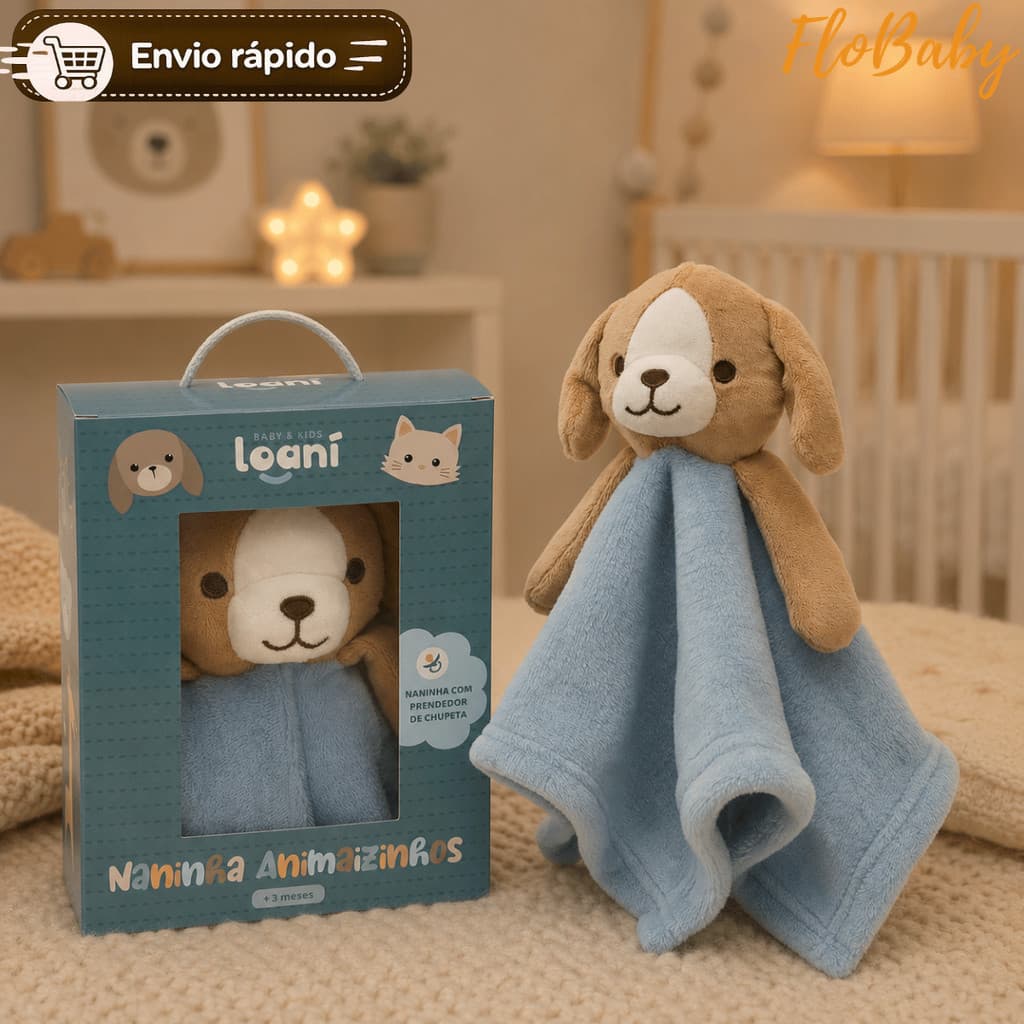 Naninha Cachorrinho Bebe com Prendedor Chupeta Pelúcia Super Macia Safári Cachorro Azul Brinquedo
