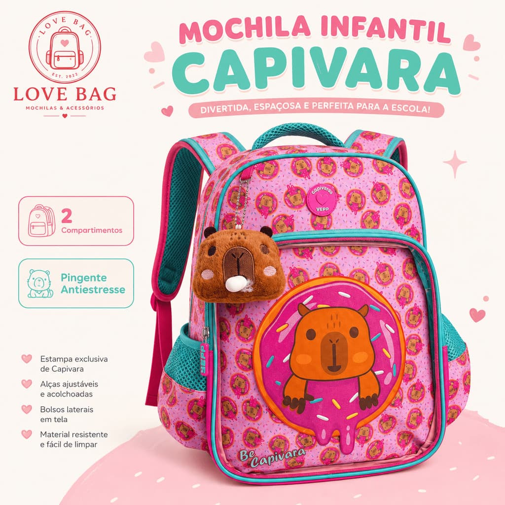 Mochila Infantil Costas Transparente Com Chaveiro Capivara De Pelúcia Tamanho Grande Escolar 2026