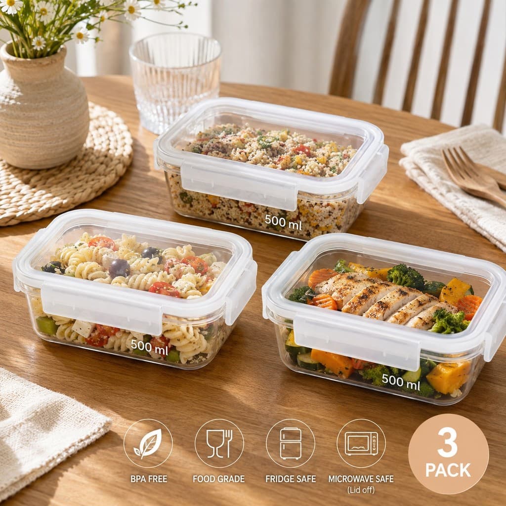 Kit 6 Pote 500ml Plástico com Tampa Hermética Branca para Marmita, Frutas, Lanches e Saladas