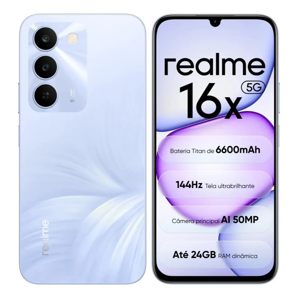 Smartphone realme 16x 5G Smartphone 7000mAh Resistente a Quedas 1,8m Tela 144Hz 50MP Dual SIM Novo