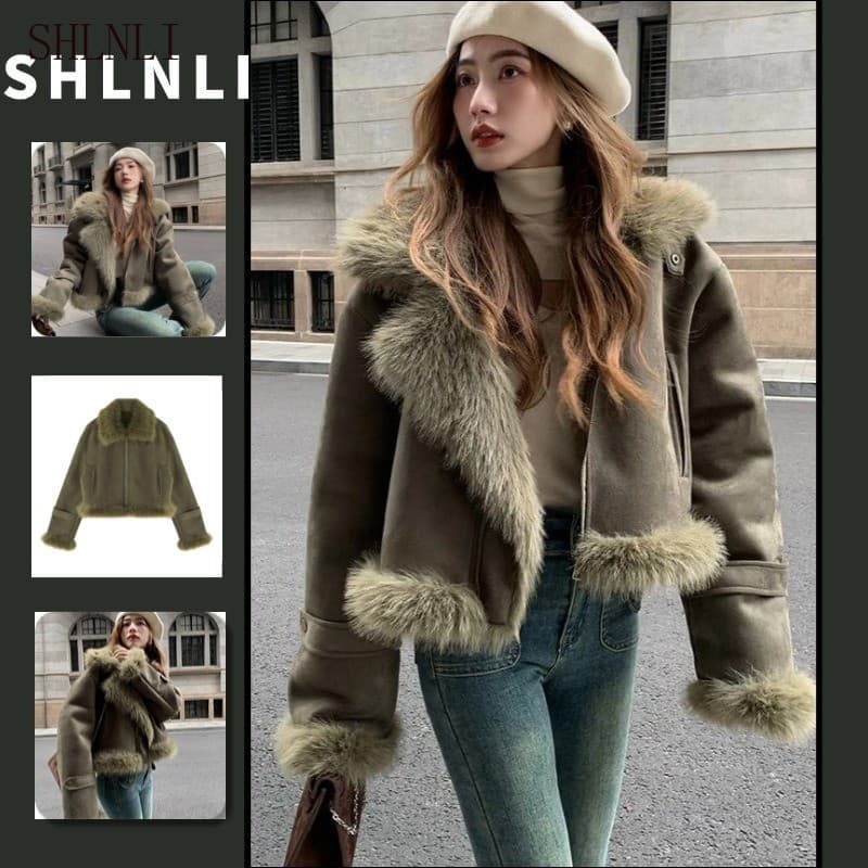 Pelúcia Emendada Motociclista Exterior Jaqueta Feminina Outono Inverno Lapela Zip Up Quente Grosso Retro Recortado Outer