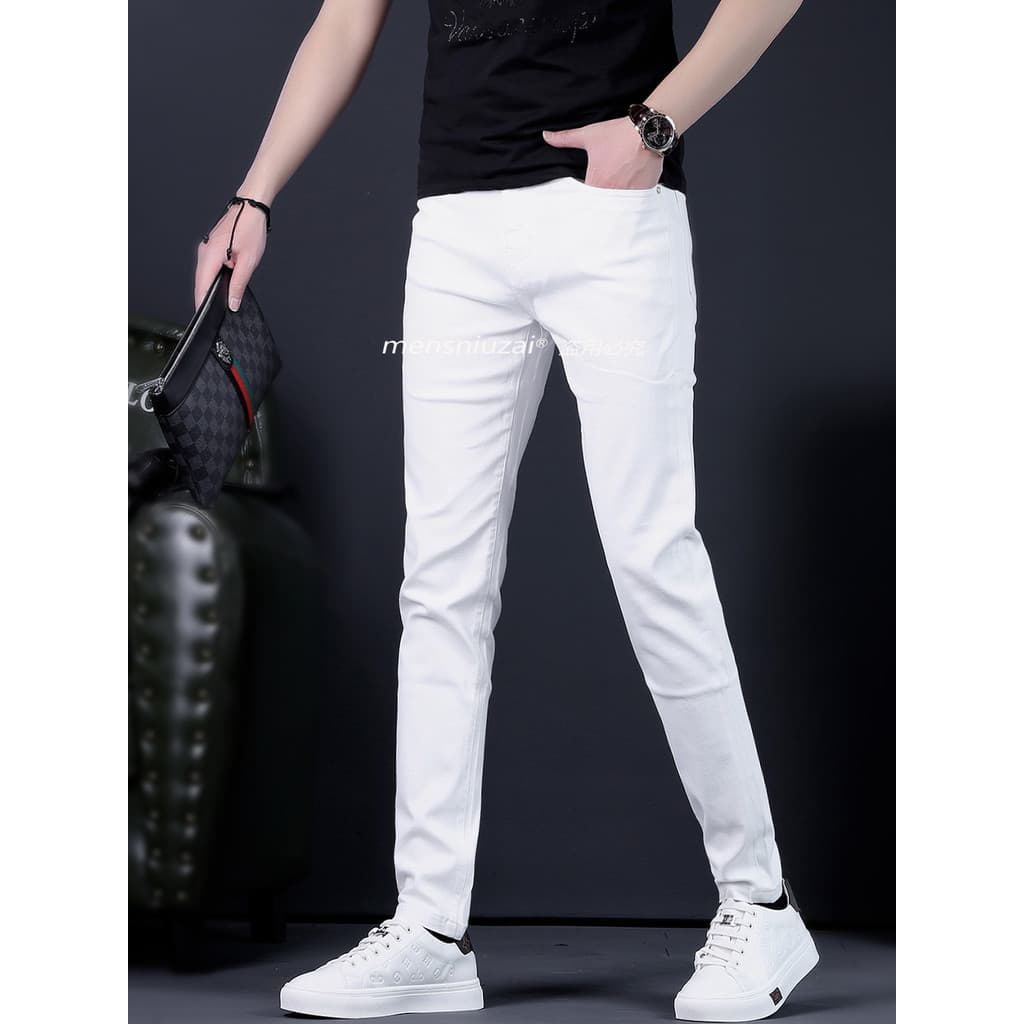 Calças de brim brancas masculinas high-End estiramento calças casuais high Street na moda calças retas masculinas