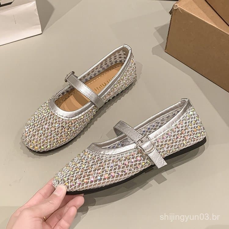 Sapatilhas Femininas de Bico Redondo em Malha com Strass Moda Ballet AMDP