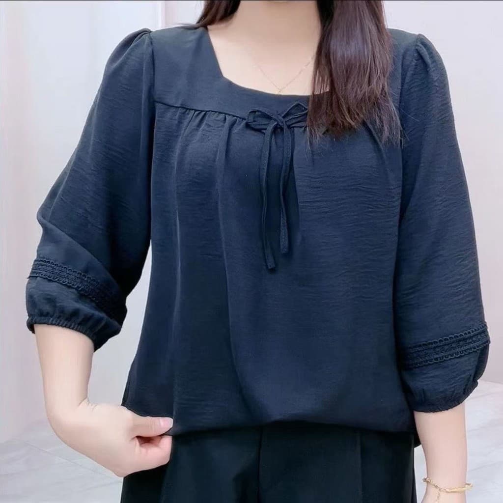 Tamanho grande moda exterior usar pescoço quadrado camisa solta pulôver camisa pequena cobrindo carne mangas de três qua