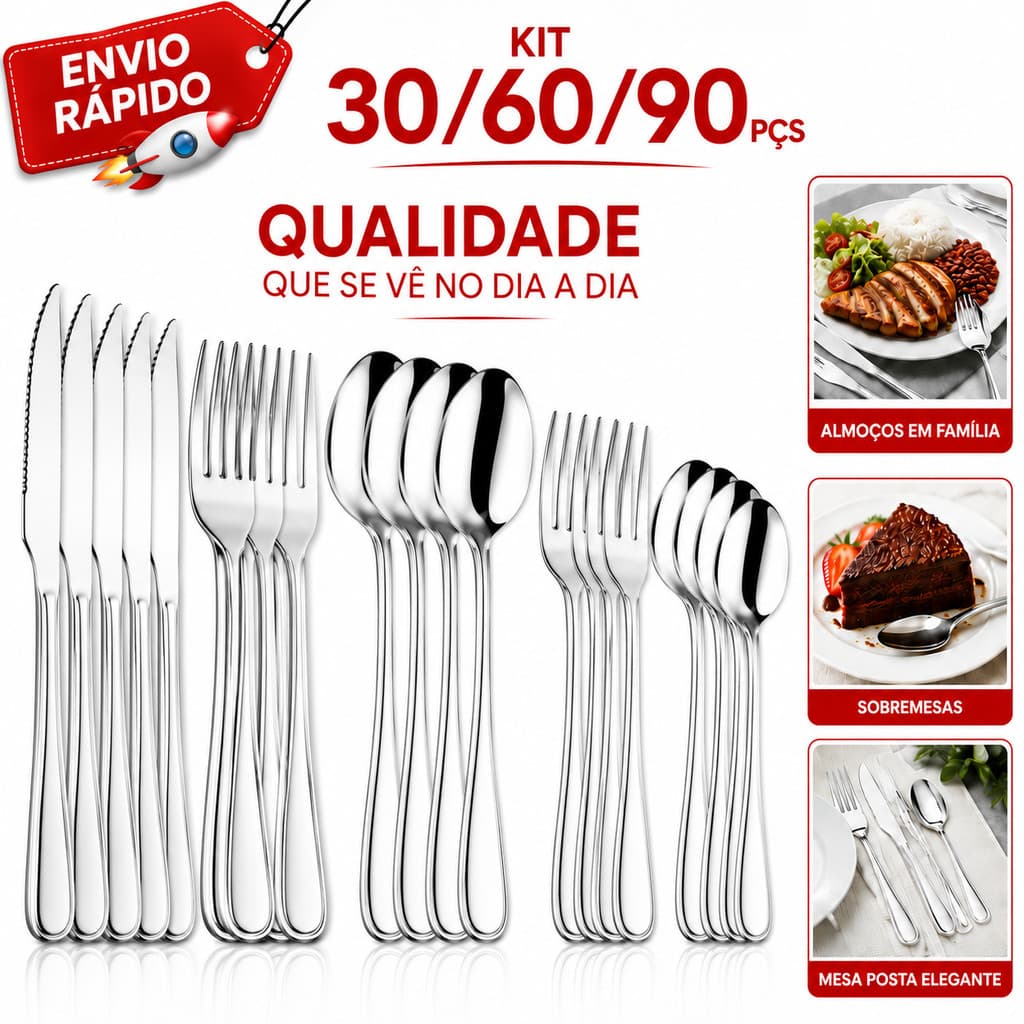 Faqueiro 90 Peças Jogo de Talheres em Aço Inox Premium Completo para Refeições Sobremesas e Churrasco