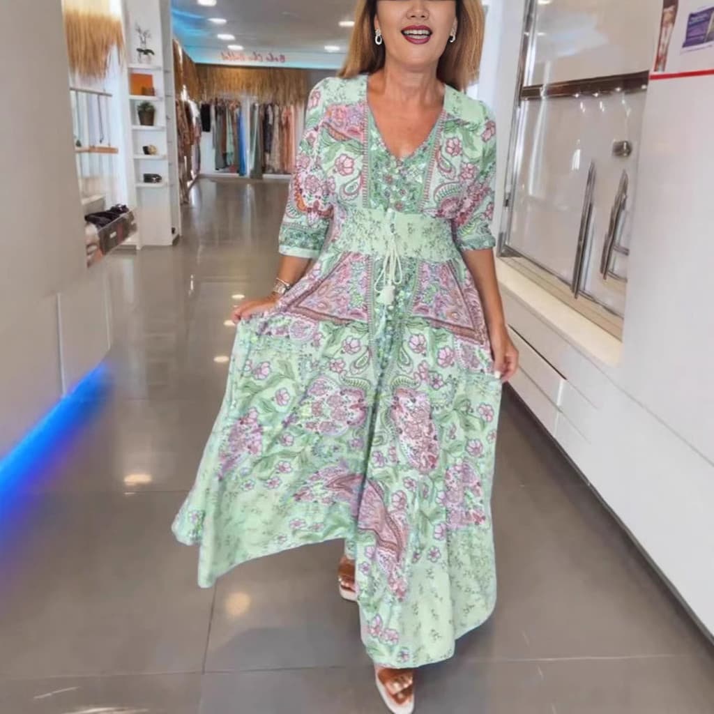 2026 vestido saia grande manga média novo estilo verão Floral saia longa com decote em v cintura estreita olhar mais mag