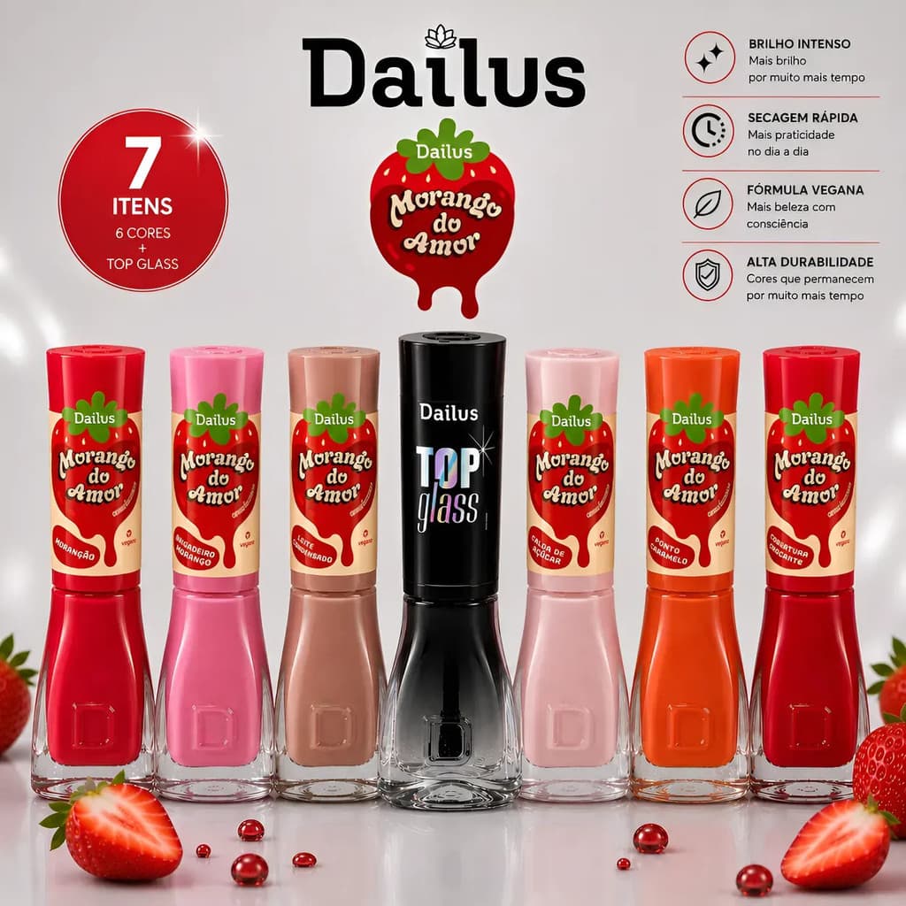Dailus Kit 6 Esmaltes Morango Do Amor  + Top Coat Top Glass