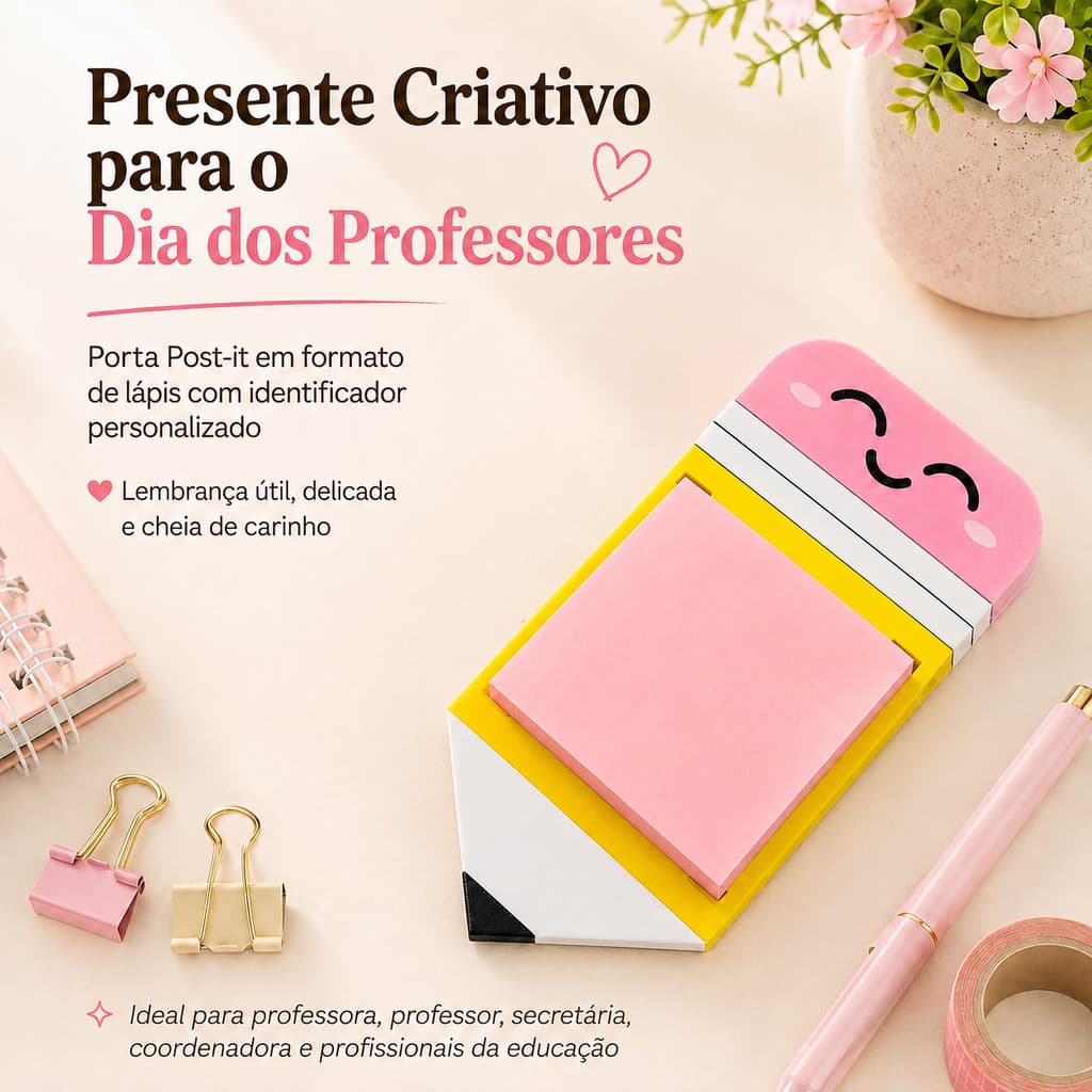 Presente Dia dos Professores – Porta Post-it Lápis com Nome Personalizado | Lembrancinha para Professor