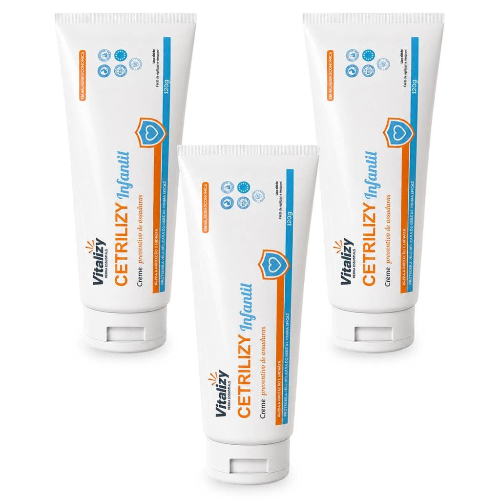 Kit 3x120g Creme Pomada Preventiva de Assaduras para Bebê e Infantil Hidratação 48Horas Pele Delicada Vitalizy