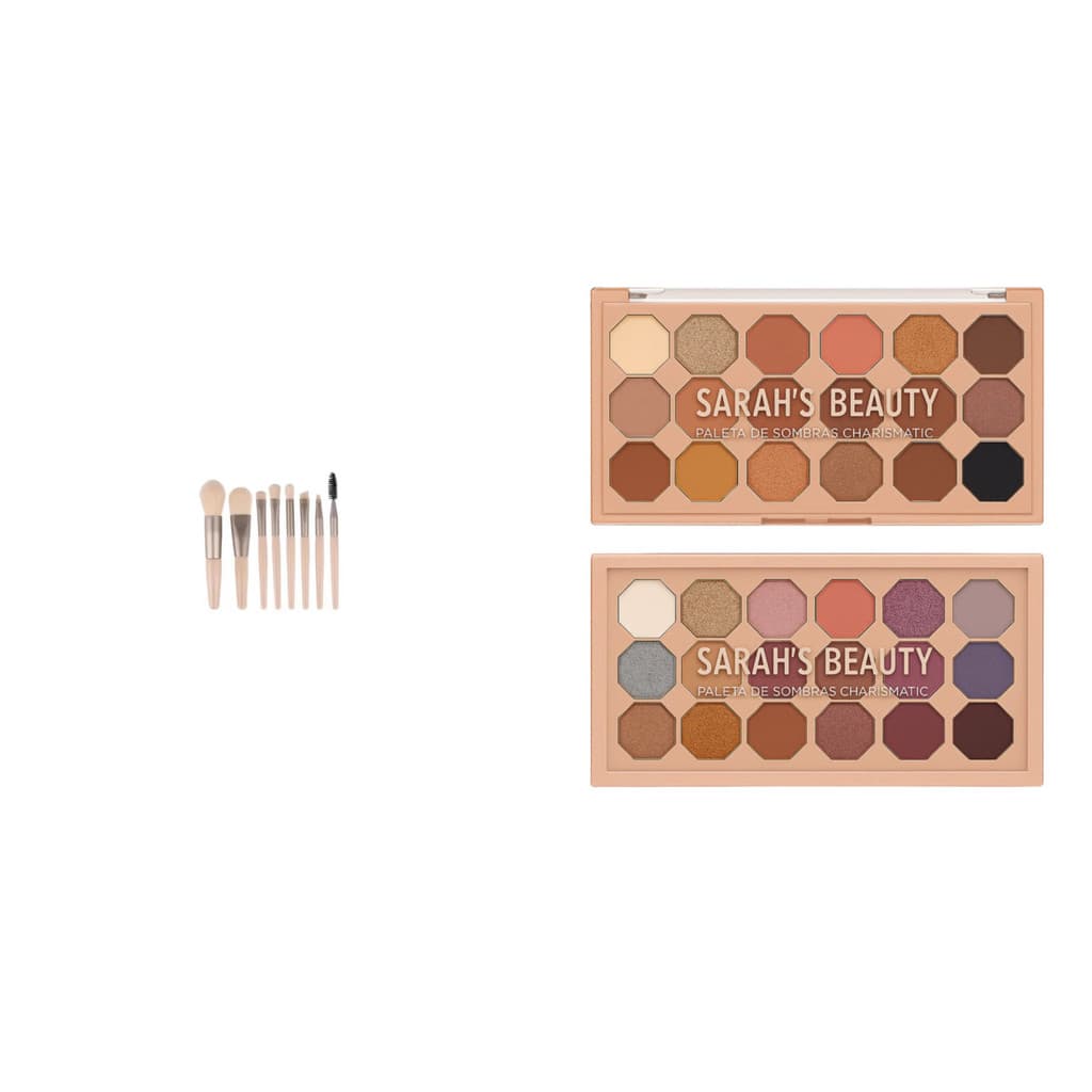 Kit 1 Paleta Sombras Sarah's Beauty  + 8 Pinceis Maquiagem