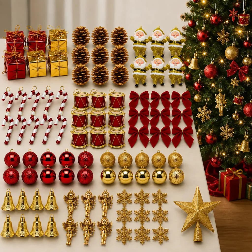 Kit 101 Bolas Laços Flocos Neve Papai Noel Decoração Árvore Enfeites