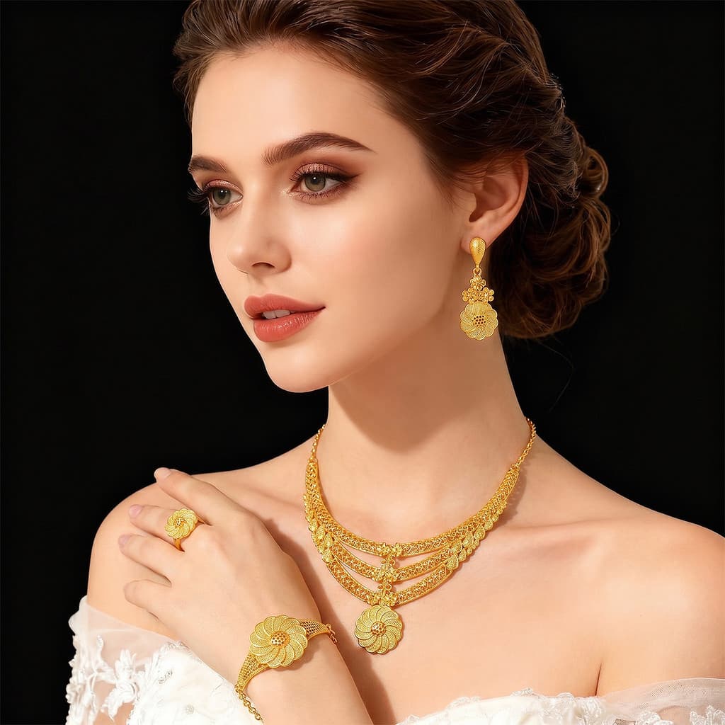 Conjunto De Joias De Casamento Nupcial Dubai Em Ouro 24K , Colar , Brincos , De 4 Peças , Luxo , Africano , Oriente Médi