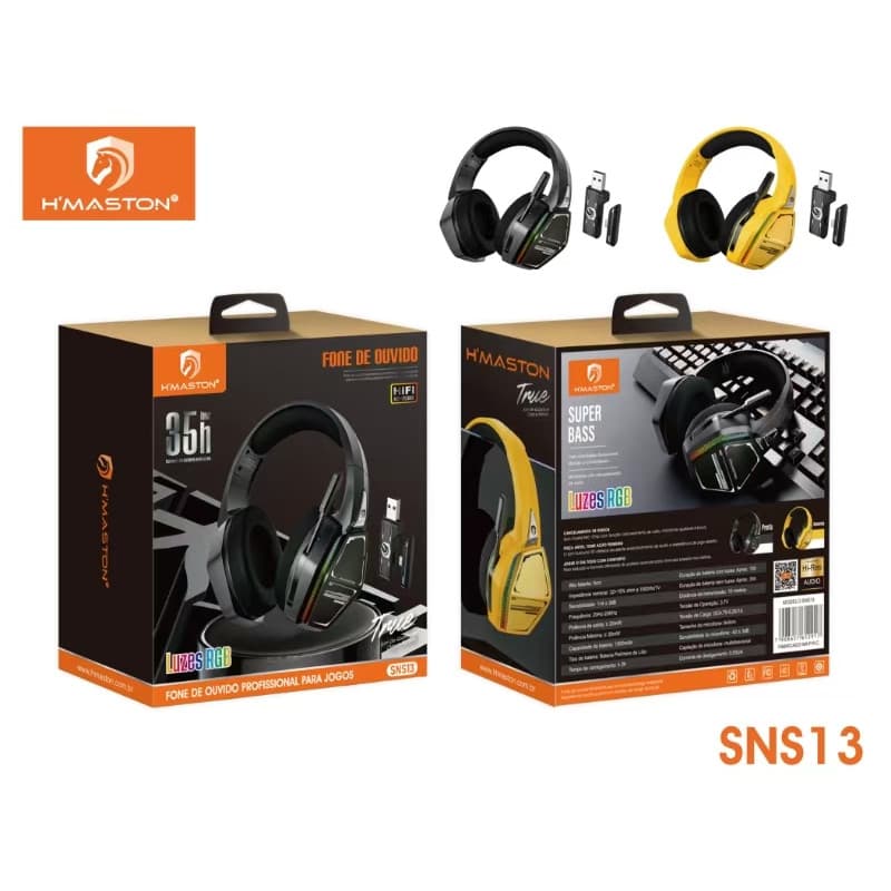 Headset Gamer H'maston SNS13 Bluetooth Sem Fio com Microfone, Adaptador e Luz RGB