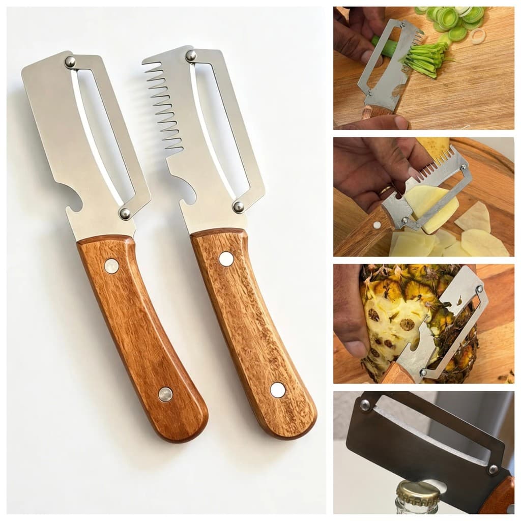 KIT COM 2 DESCASCADORES DE LEGUMES E FRUTAS EM AÇO INOXIDÁVEL, CABO DE MADEIRA,  COM ABRIDOR DE GARRAFA  19 X 4 CM