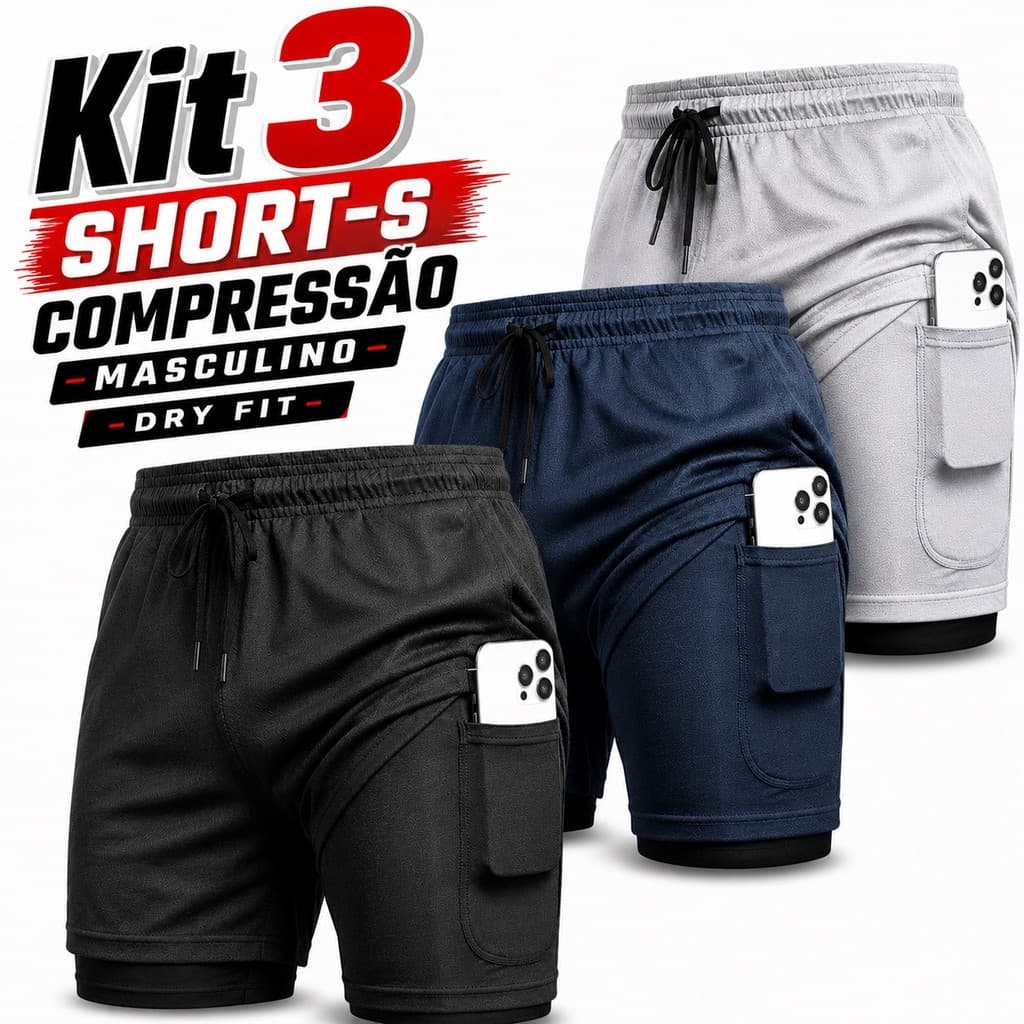 Kit 3 Short's Compressão Dryfit 2 em 1 Short Academia Masculino Esporte Bermuda Treino Masculina
