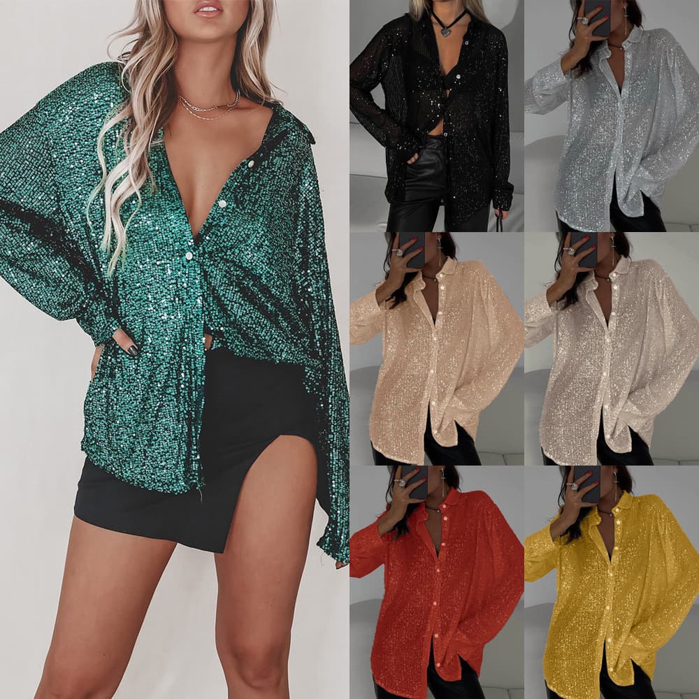 Top de lantejoulas brilhantes, cardigã de manga comprida com gola, camisa jaqueta feminina.
