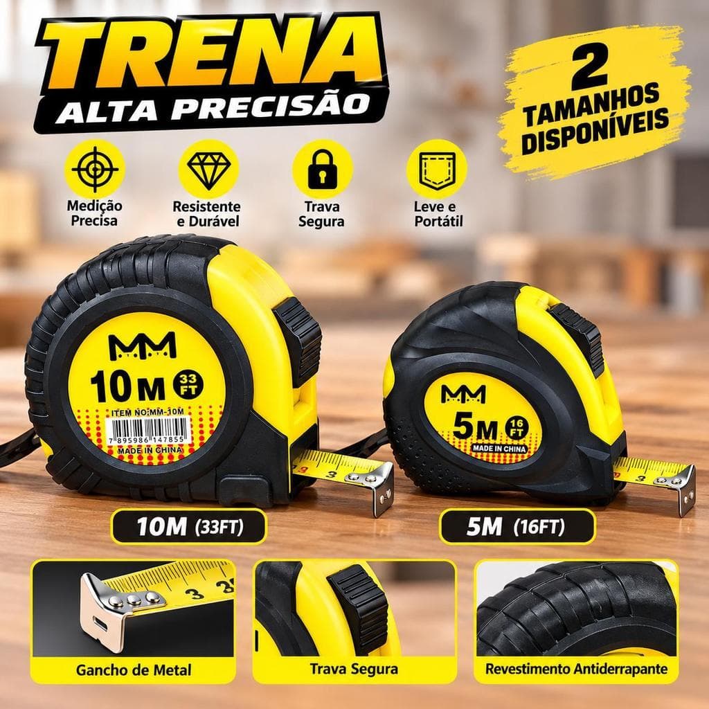 Kit 2 Pcs Trena Fita Métrica 5M / 10M – Prática, Resistente e Fácil de Usar
