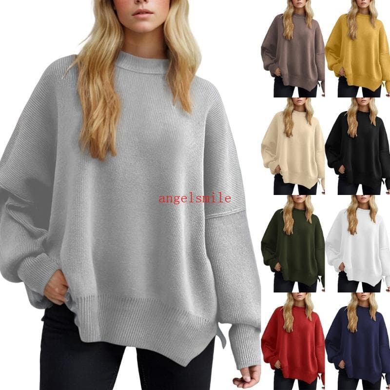 Ace Feminino Poliéster Em Torno Do Pescoço Manga Longa Camisola Batwings Design Fenda Lateral Solto Ajuste Oversized Cor