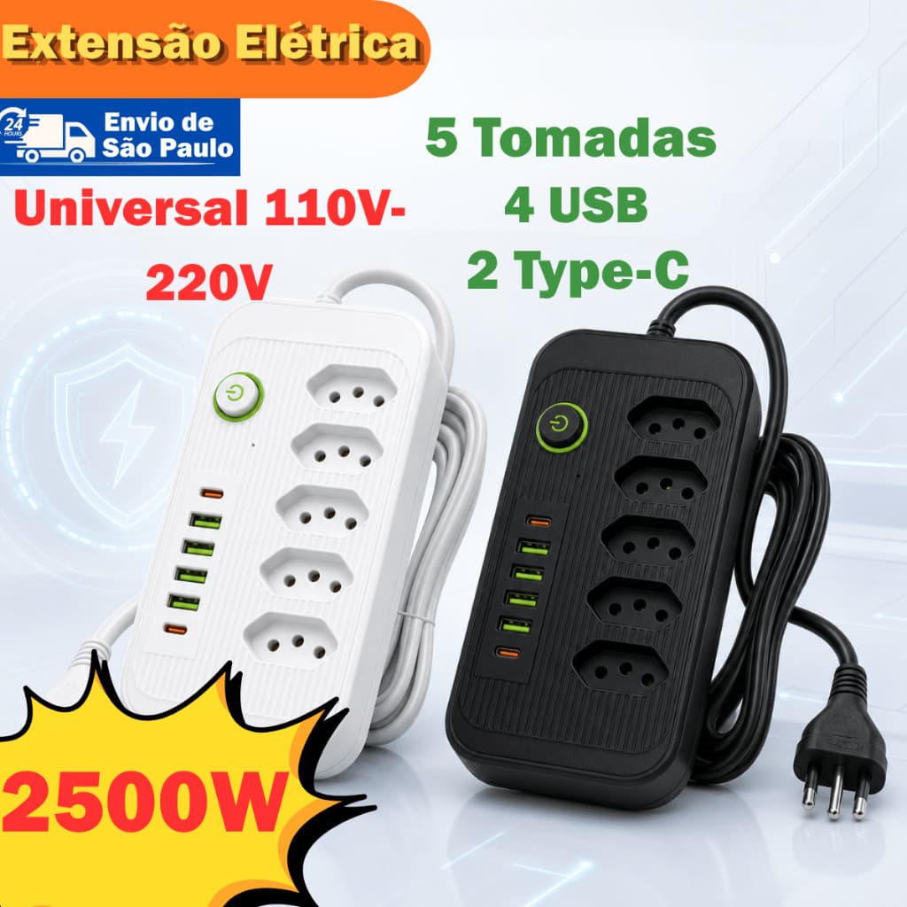 Extensão Elétrica 11 Em 1 2500W 5 Tomadas 4 USB 2 Type C Cabo 2m Anti Chamas 750°C Bivolt
