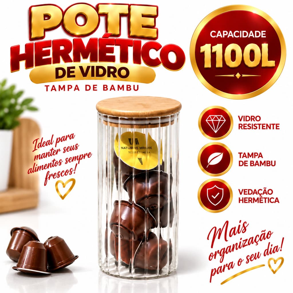 Pote Porta Hermético Mantimentos 1.100L de Vidro Com Tampa De Bambu Potes  Cozinha