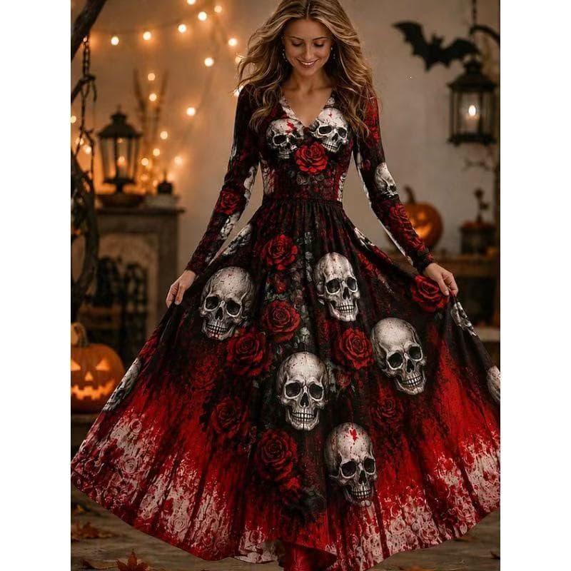 Estoque pronto envio rápido 2026 novo estilo Halloween senhoras vestido de banquete abóbora fantasma bruxa atmosfera pad