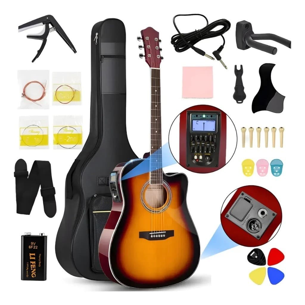 Violão Acústico 38 Polegadas 6 Cordas, Kit Madeira com Afinador e Equalizador, Várias Cores, Ideal para Iniciantes