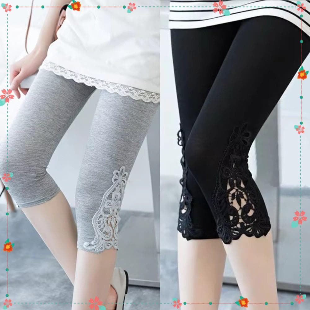 Leggings Femininas , Legging Oca Elástica Slim Fit Com Acabamento Em Renda , Calças Capris Cortadas Finas Respiráveis