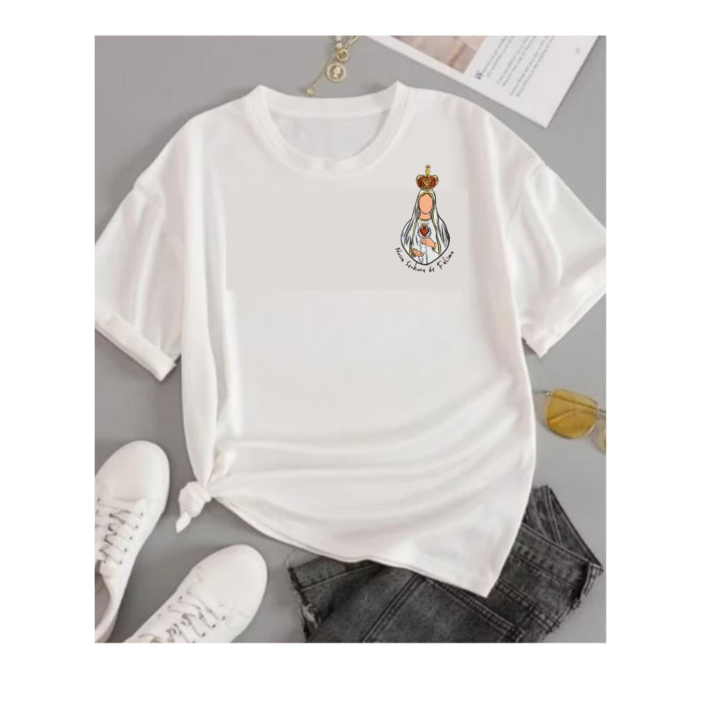 Camiseta Básica Estampada Religiosa Nossa Senhora de Fatima Católica 100% Algodão