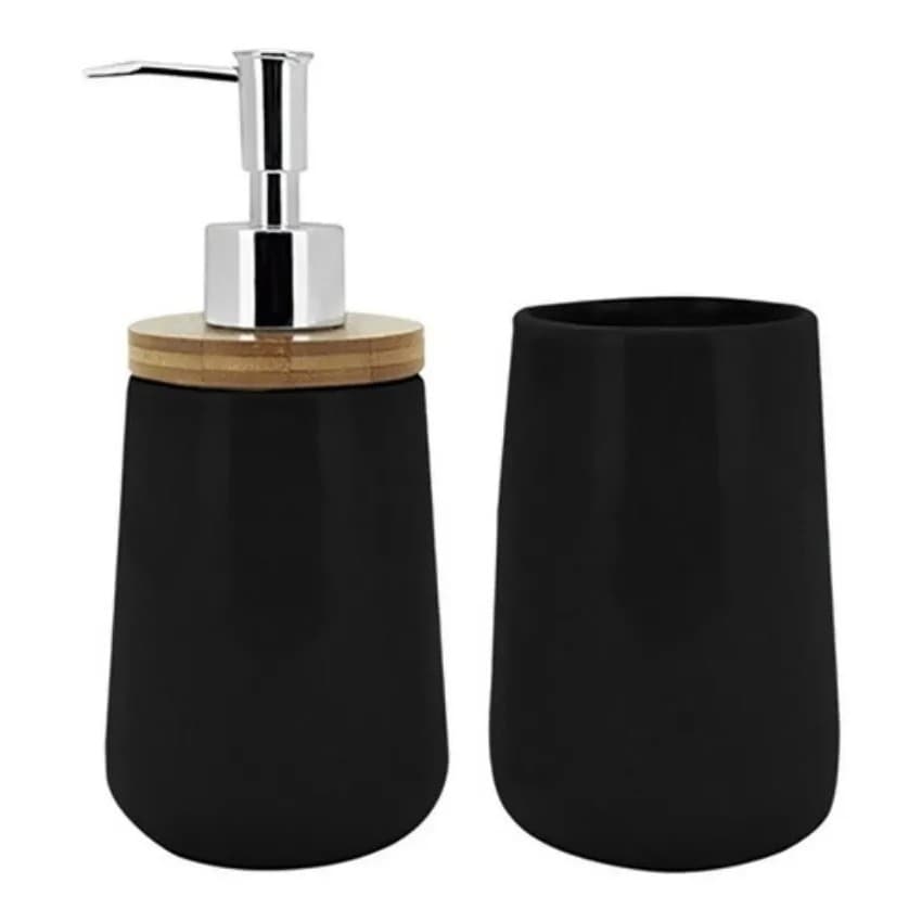 Kit Para Banheiro Cerâmica Preto Porta Escova E Saboneteira Lavabo Sabonete Liquido Acessórios Pia