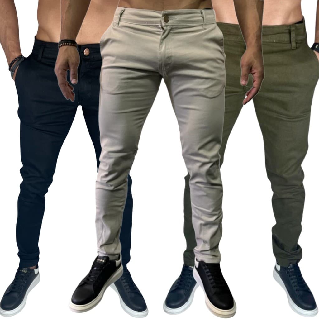 Kit 3 Calças Sarja Slim Masculina Casual Elegante Trabalho Escritório Premium