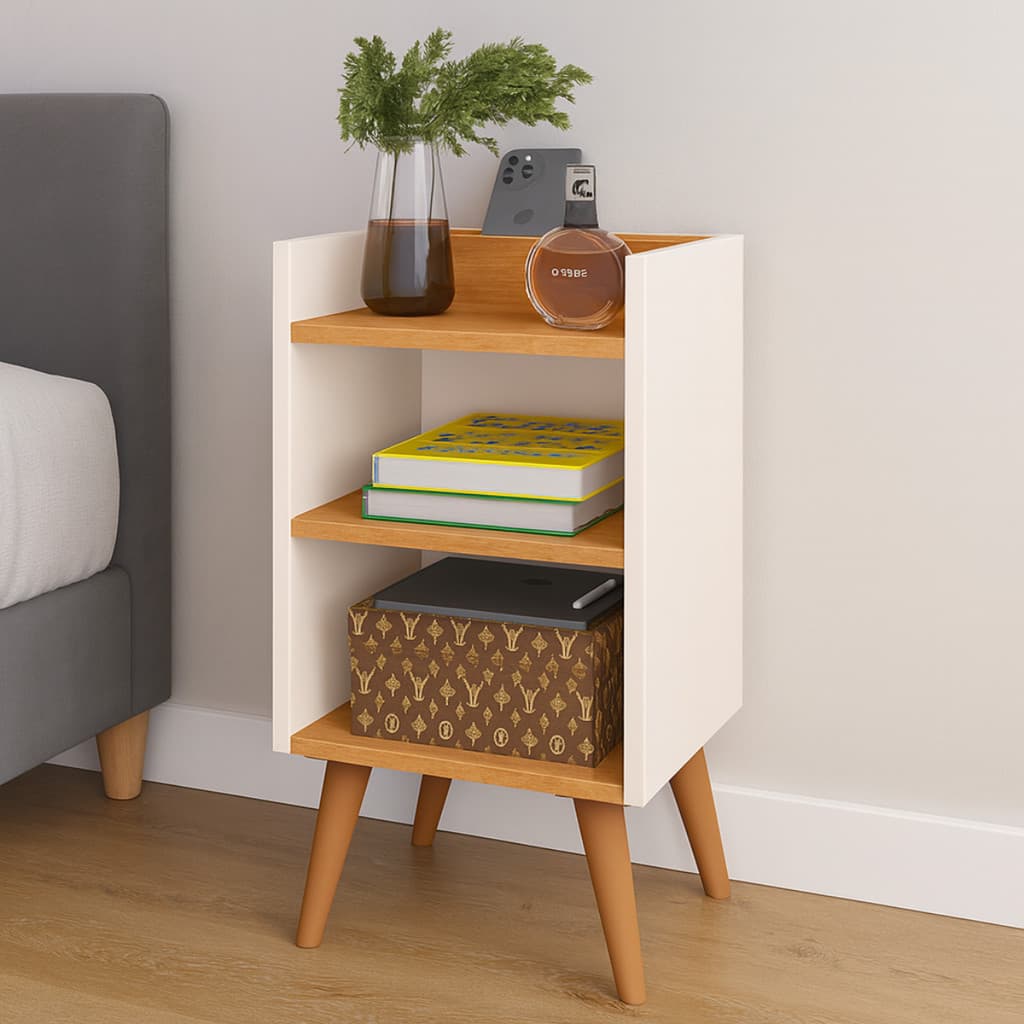 Mesa De Cabeceira Retrô Max Compacta Com Nicho Organizador Prateleira E Pés PVC Anti-umidade