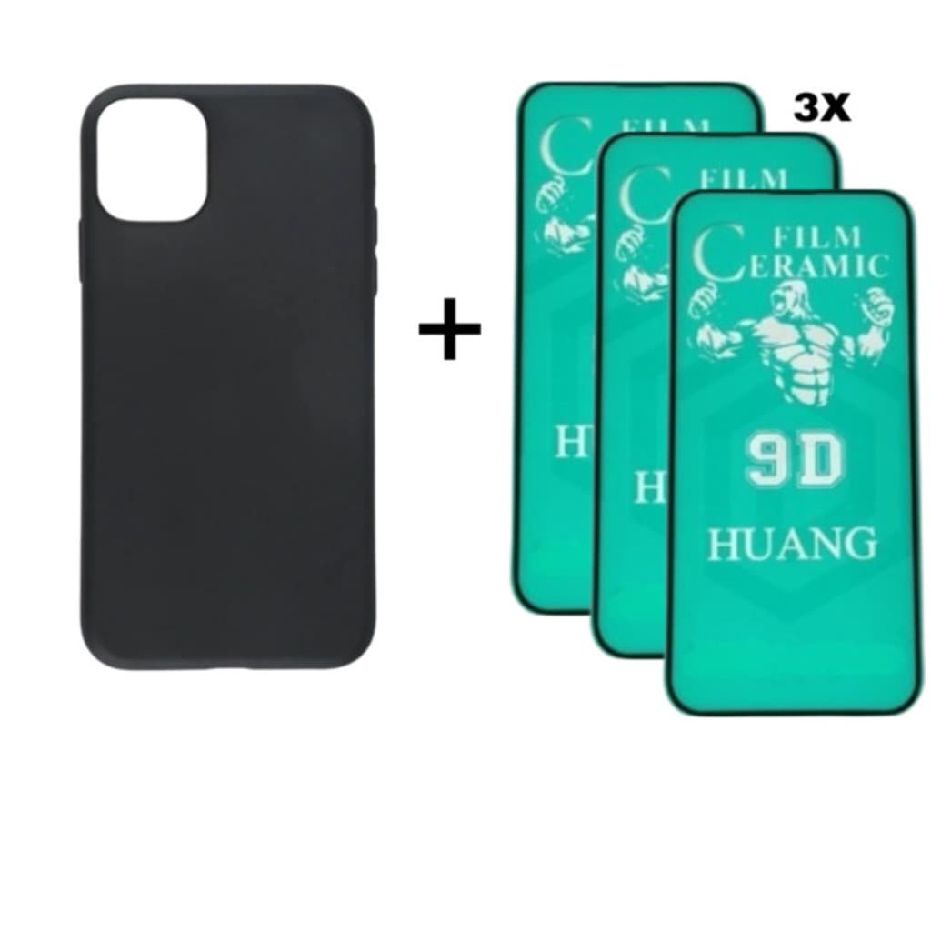 Kit 4 em 1 Case Preta + 3 Películas Cerâmica Compatível iPhone 11 12 13 14 15 Premium candy