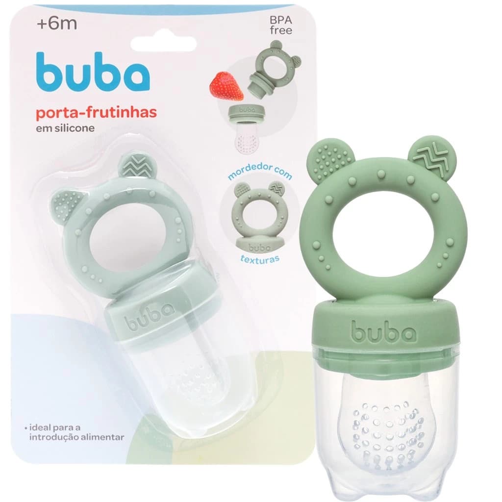 Chupeta Porta Frutinha Com Mordedor Silicone Buba Alimentadora Introdução Alimentar Verde Com Tampa