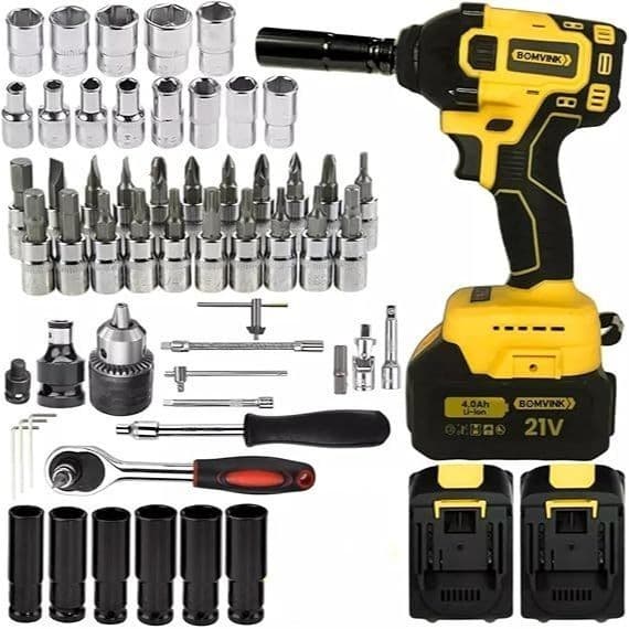 Chave De Impacto Bomvink Brushless Bom-9966 1/2 Sem Fio + Jogo Soquete com 46pç Kit completo de ferramentas