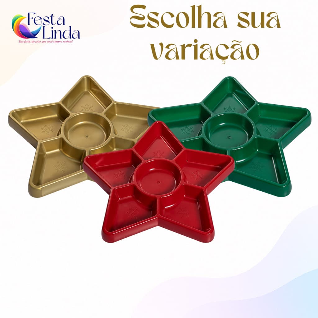 Kit 3 Bandejas Petisqueiras  Tampa de Acetato Natal Estrela 24cm  - Diversas Cores Bandeja Natalina
