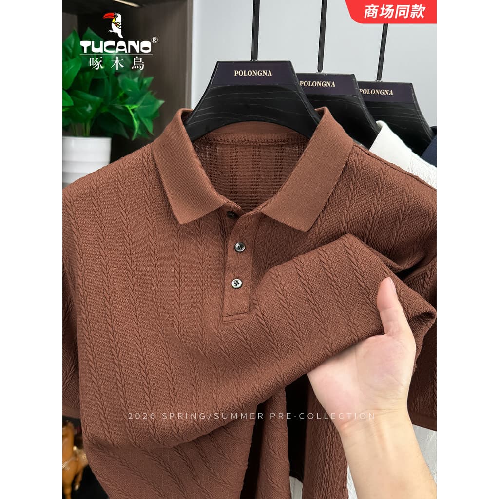 Woodpecker masculino de manga curta camiseta verão velho dinheiro estilo Jacquard malha Polo camisa solta Casual lapela