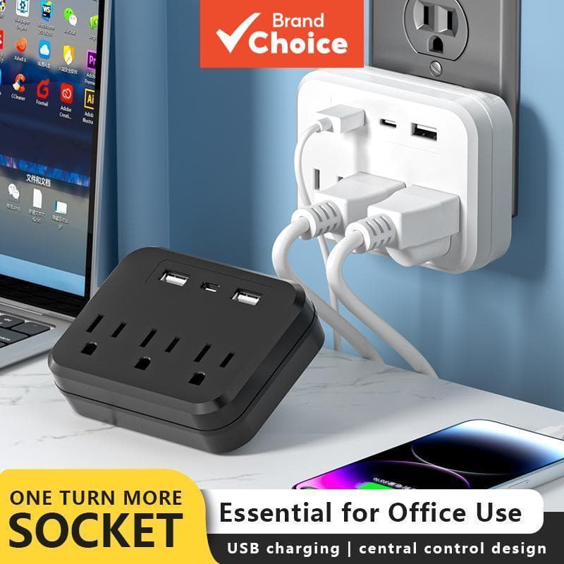 Tomada portátil mini com protetor de surto AXUS US, 6 em 1, multifuncional, 3 tomadas, 2 portas USB, 1 porta Type-C,