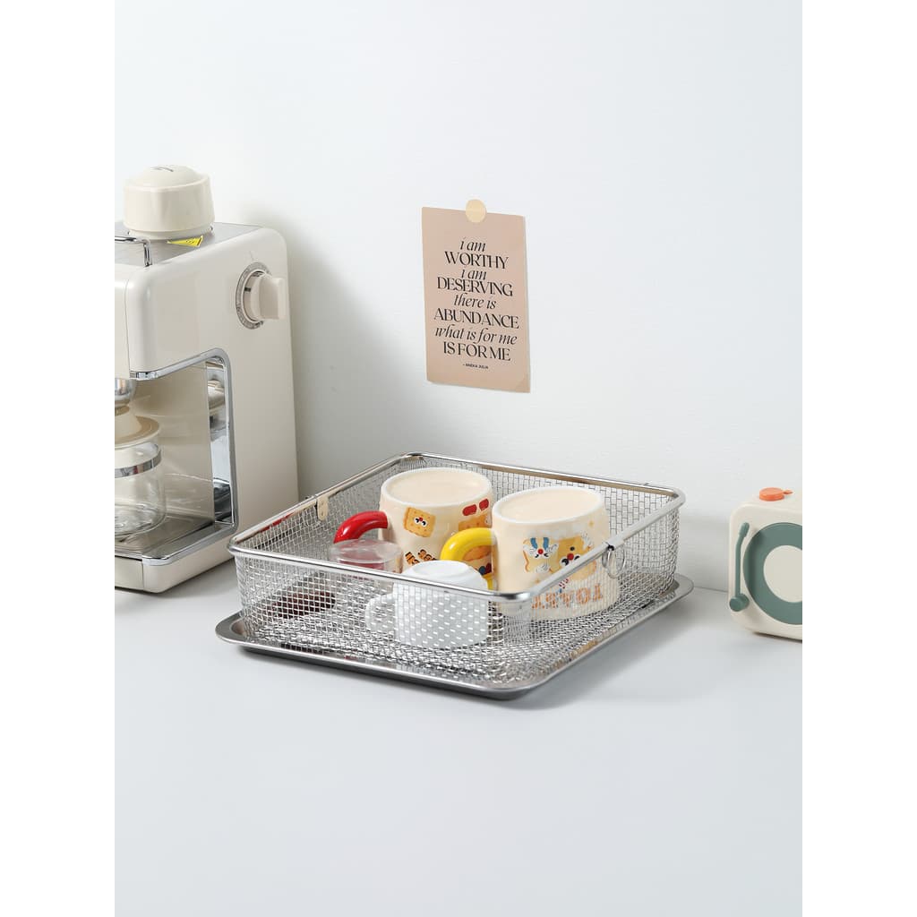 Cesta de malha de aço inoxidável 304, Plus Size, cesta quadrada de drenagem de cozinha, talheres, pratos, Rack de secage