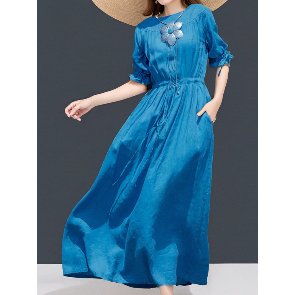 Zimo Qinghe ~ Vestido literário de linho de cintura estreita feminino Mori renda manga curta estilo férias grande balanç