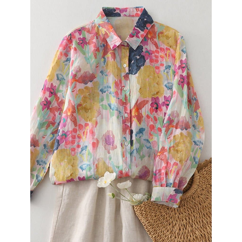 Japonês estilo diversos pintura a óleo sentir impresso Ramie camisa feminina de manga comprida linho Cardigan jaqueta fi