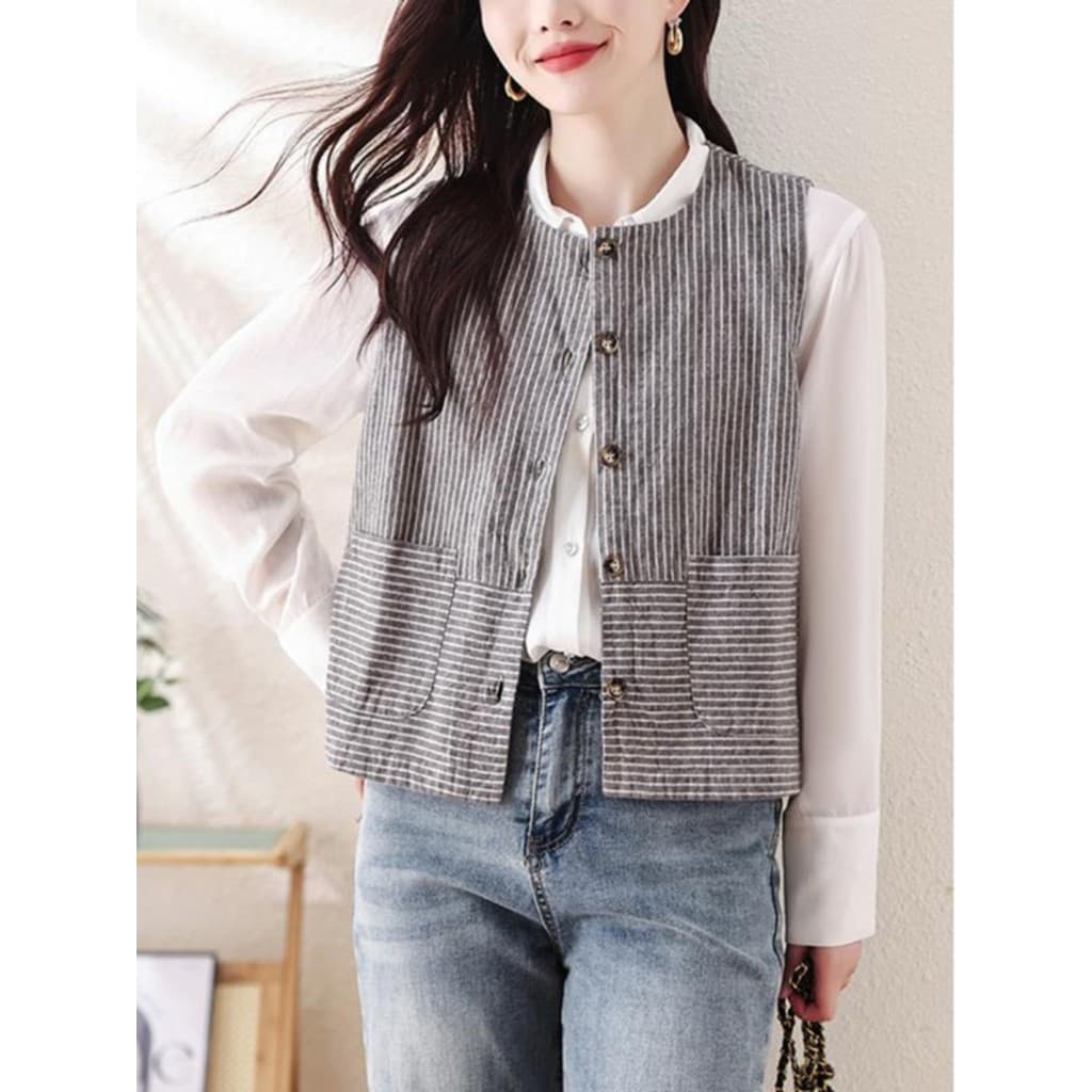 Retro listrado algodão linho colete feminino primavera exterior em camadas Casual em torno do pescoço colete mais magro