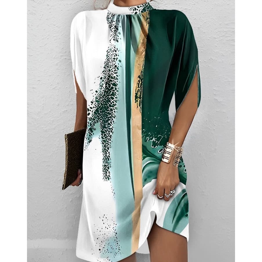 Vestido Estampado de Verão 2023, Casual, Decote Redondo, Manga Curta, Elegante, Corte Solto, Vestidos Curtos Femininos H