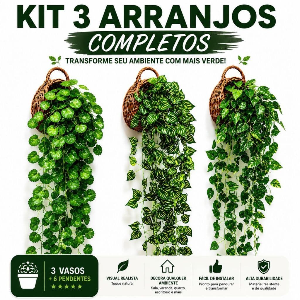 Kit Completo 3 Vasos Trançados e 6 Cordões de Folhas Pendentes